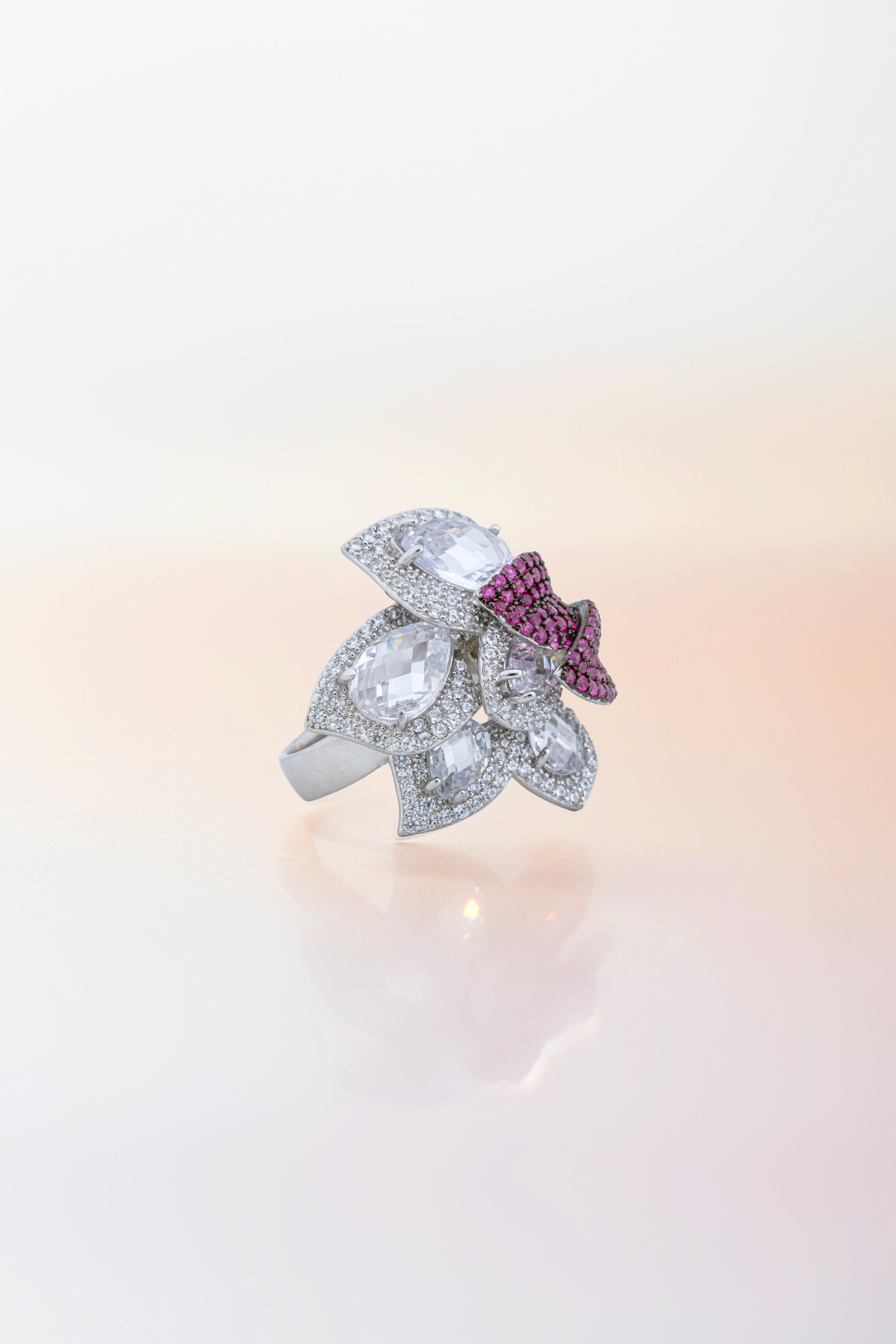 JARY 925 Sterling Silver White & Ruby Floral Cocktail Ring