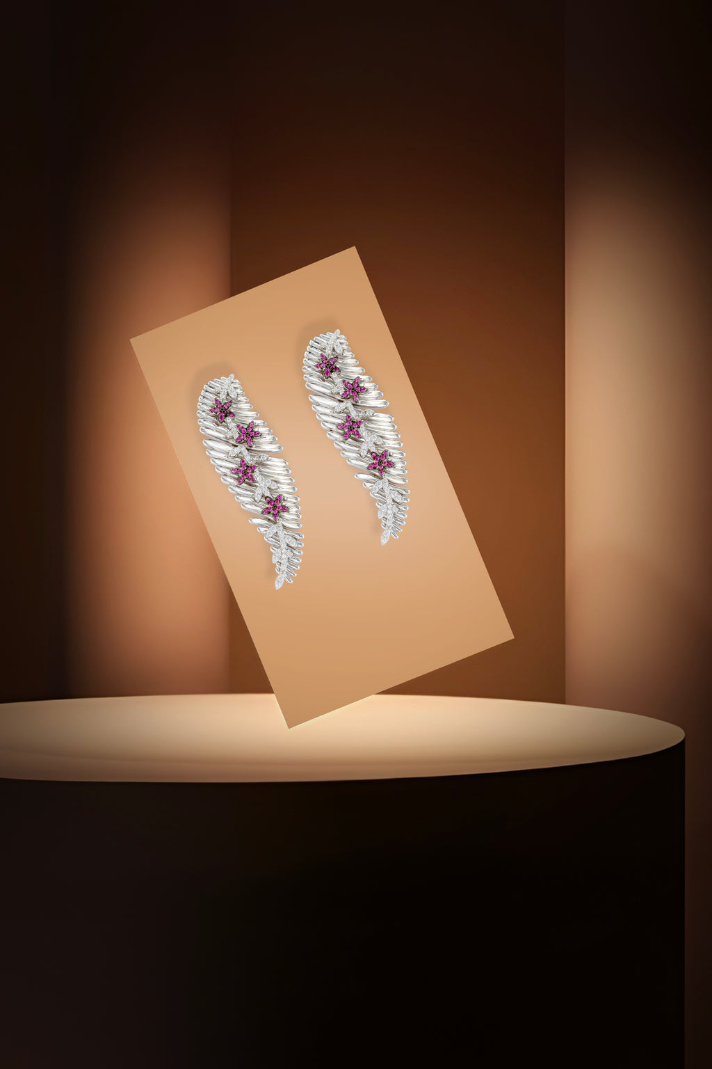 JARY 925 Sterling Silver Ruby Feather Bloom Earrings