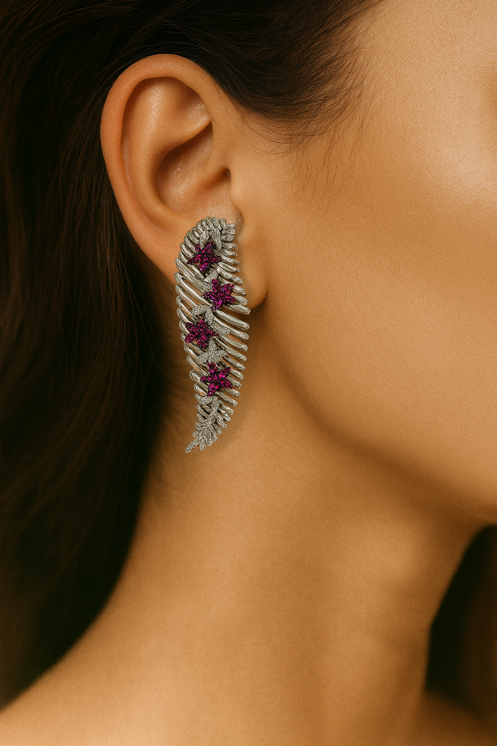 JARY 925 Sterling Silver Ruby Feather Bloom Earrings