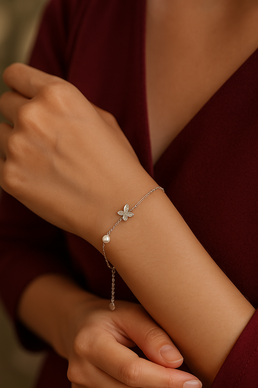 JARY 925 Sterling Silver Butterfly & Pearl Charm Bracelet