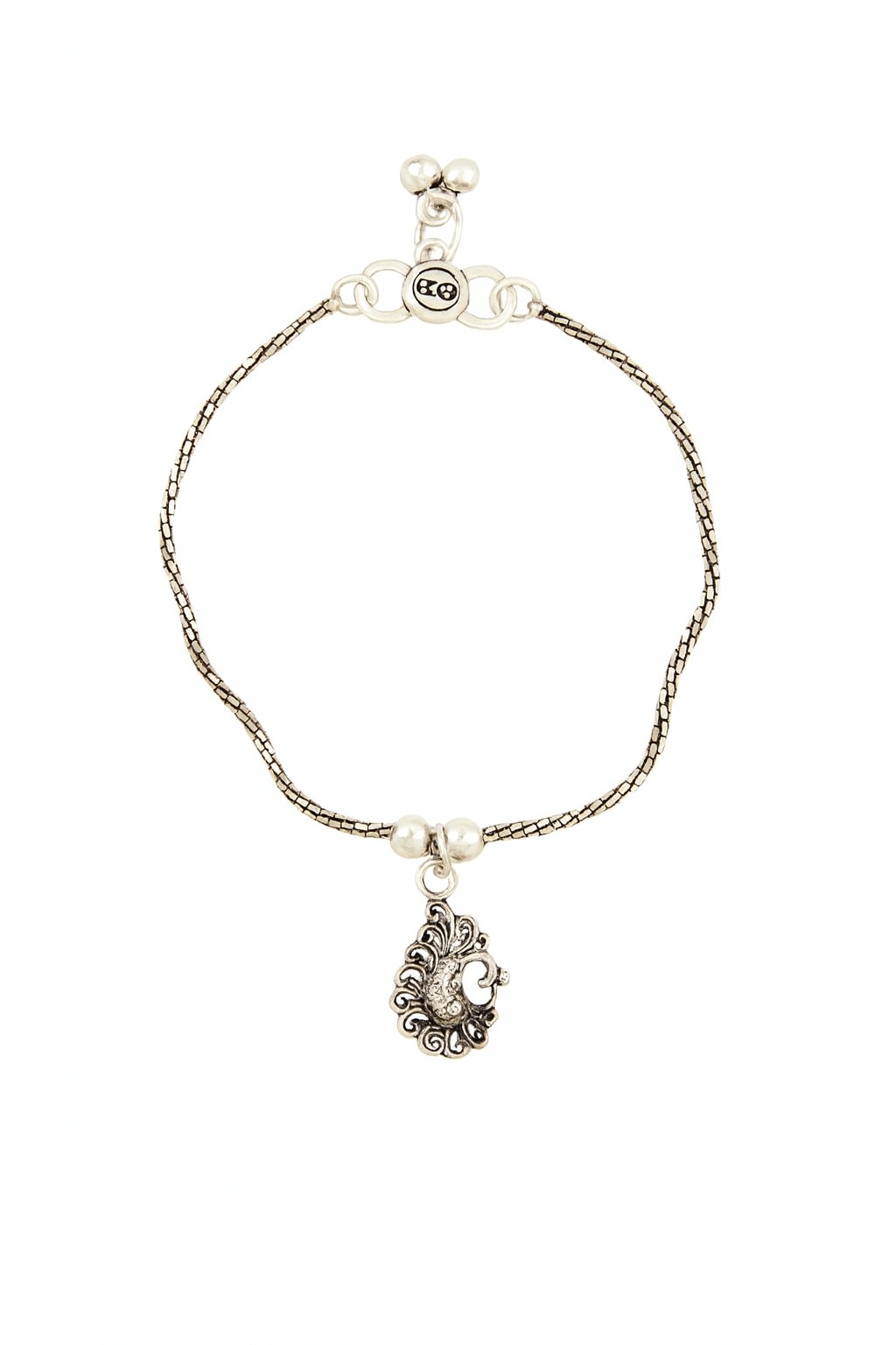 JARY Devanshi 925 Sterling Silver Oxidized Floral Payal with Beaded Charms