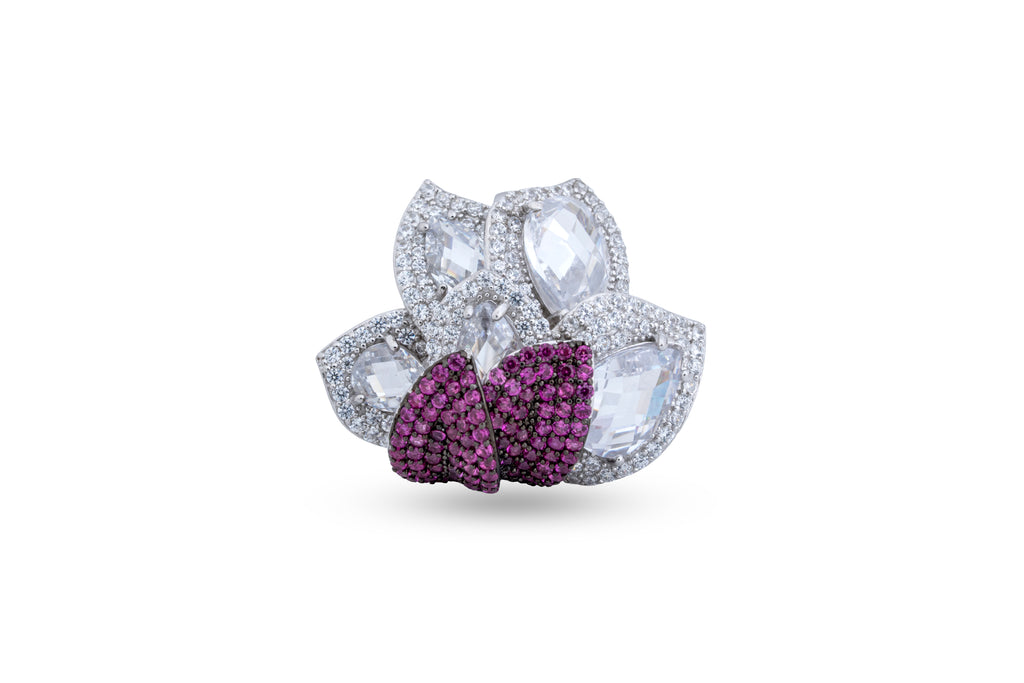 JARY 925 Sterling Silver White & Ruby Floral Cocktail Ring
