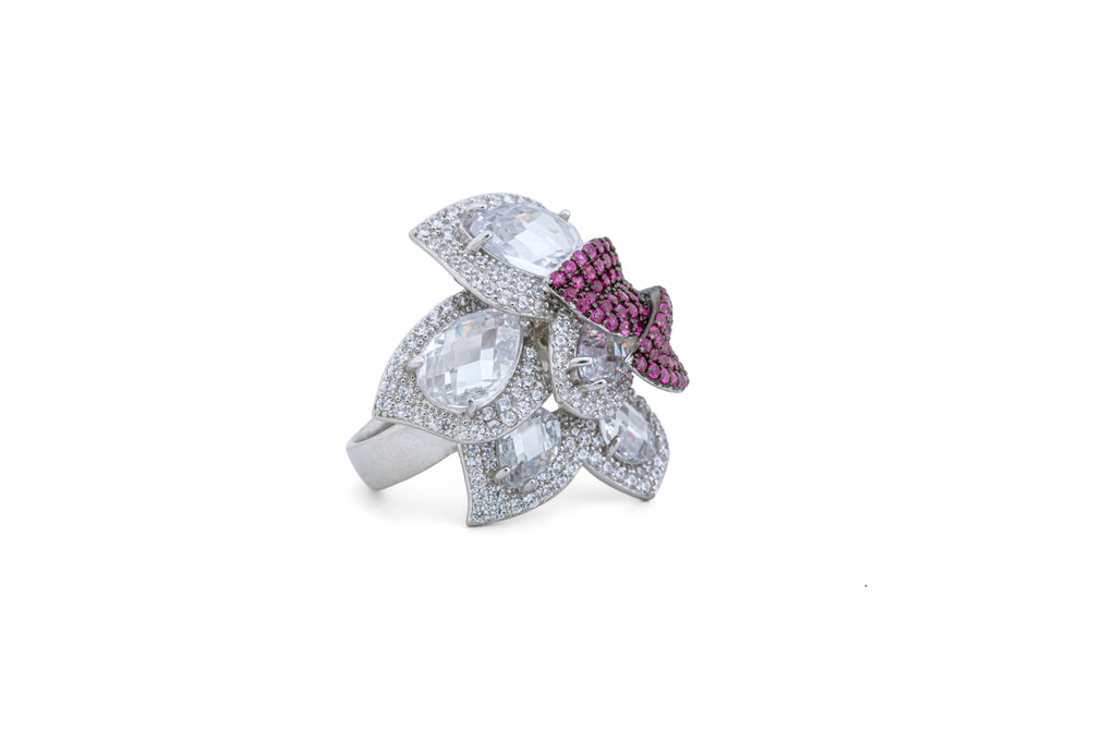 JARY 925 Sterling Silver White & Ruby Floral Cocktail Ring