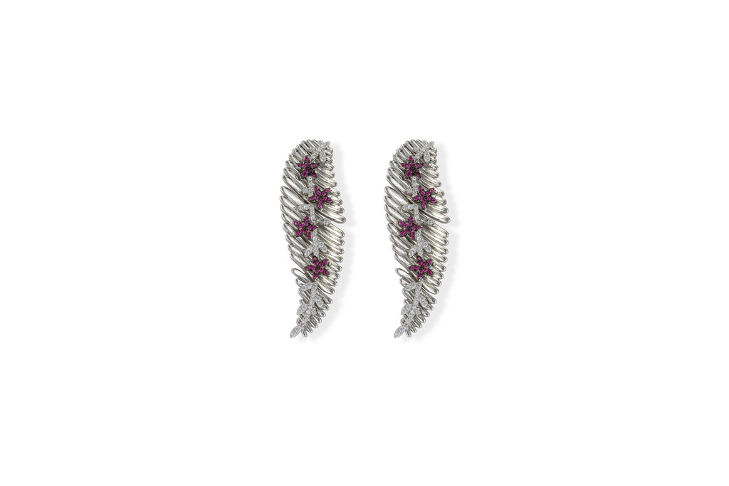 JARY 925 Sterling Silver Ruby Feather Bloom Earrings