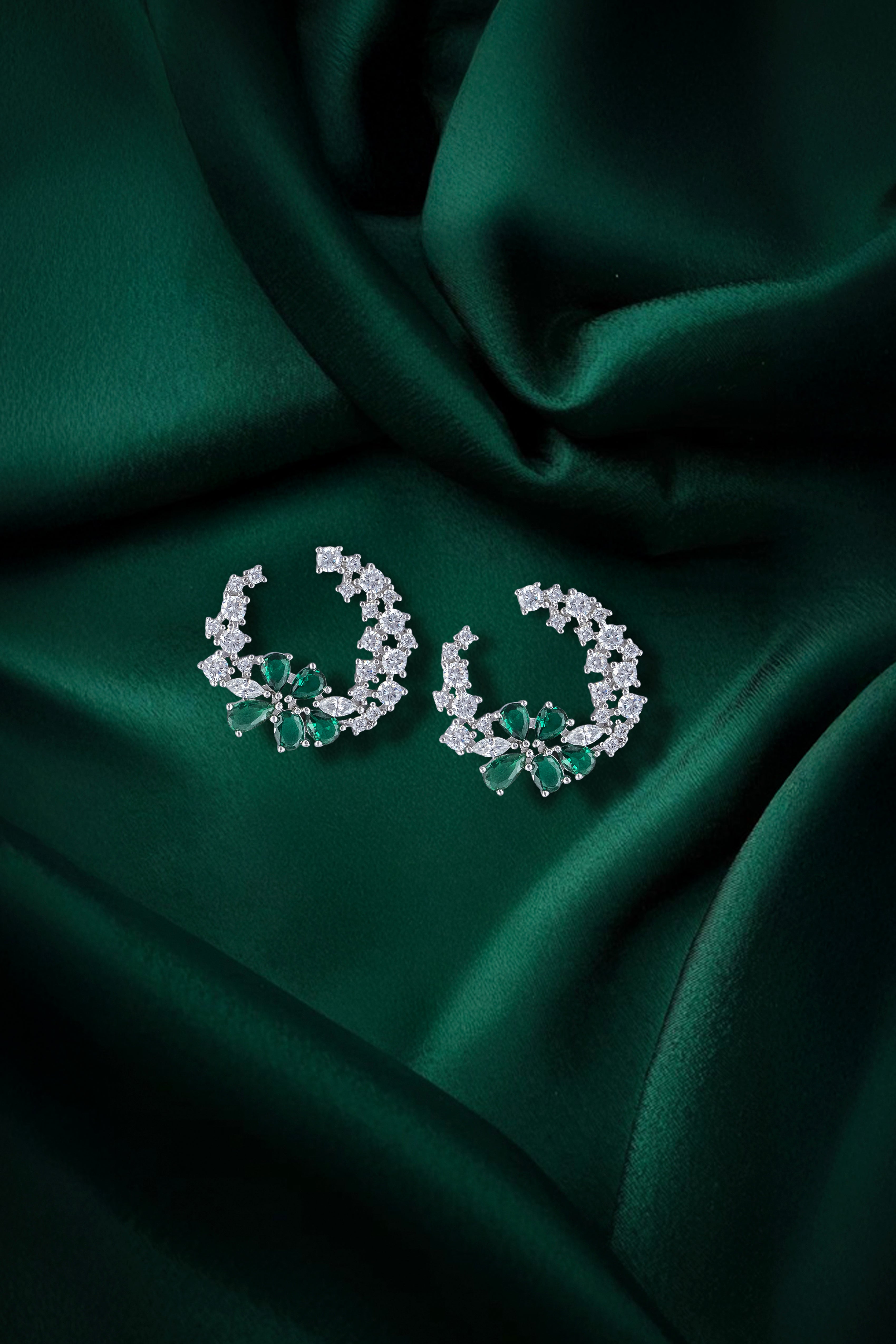 JARY 925 Sterling Silver Emerald Blossom Crescent Earrings