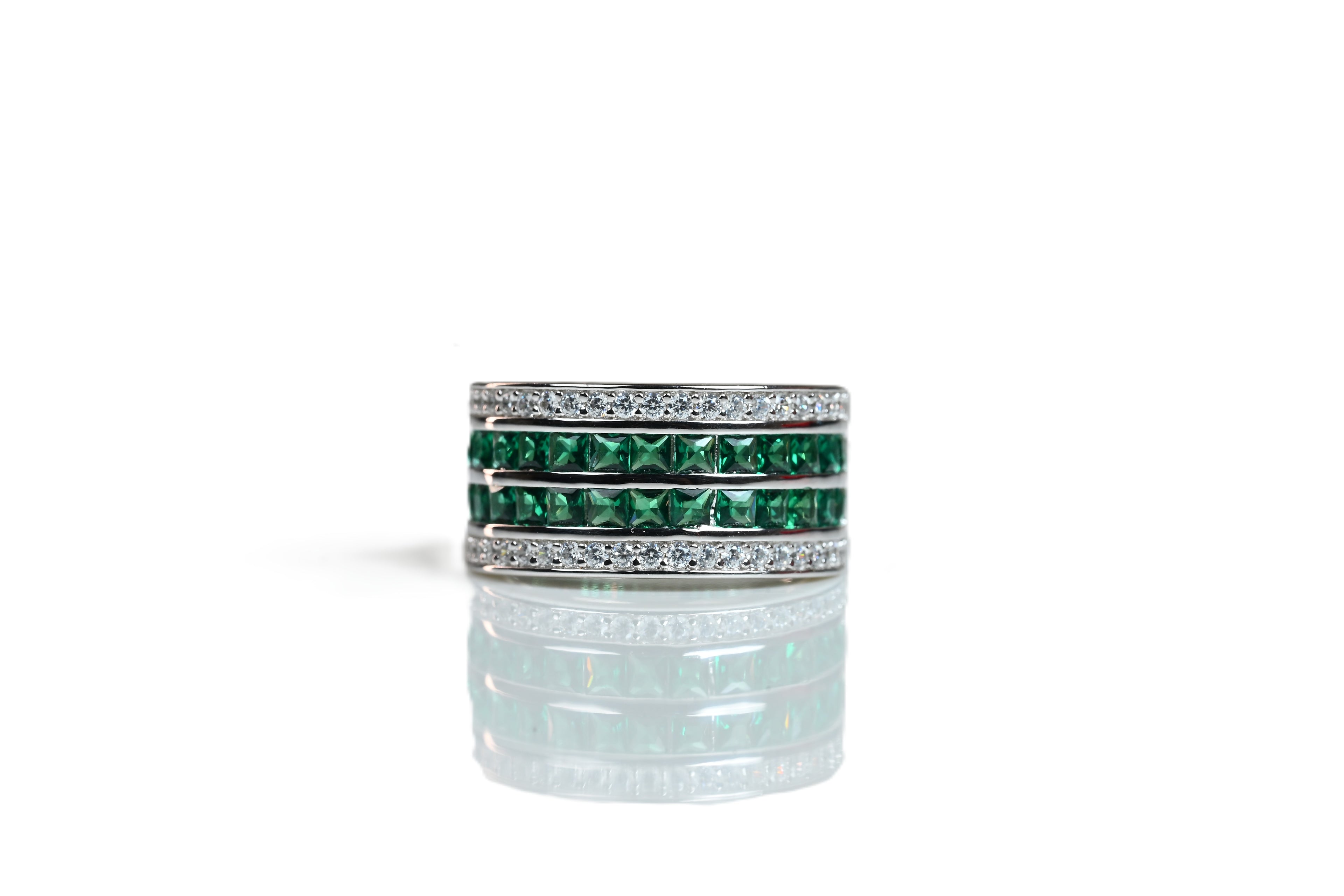 JARY 925 Sterling Silver Emerald & Diamond Simulated Statement Ring