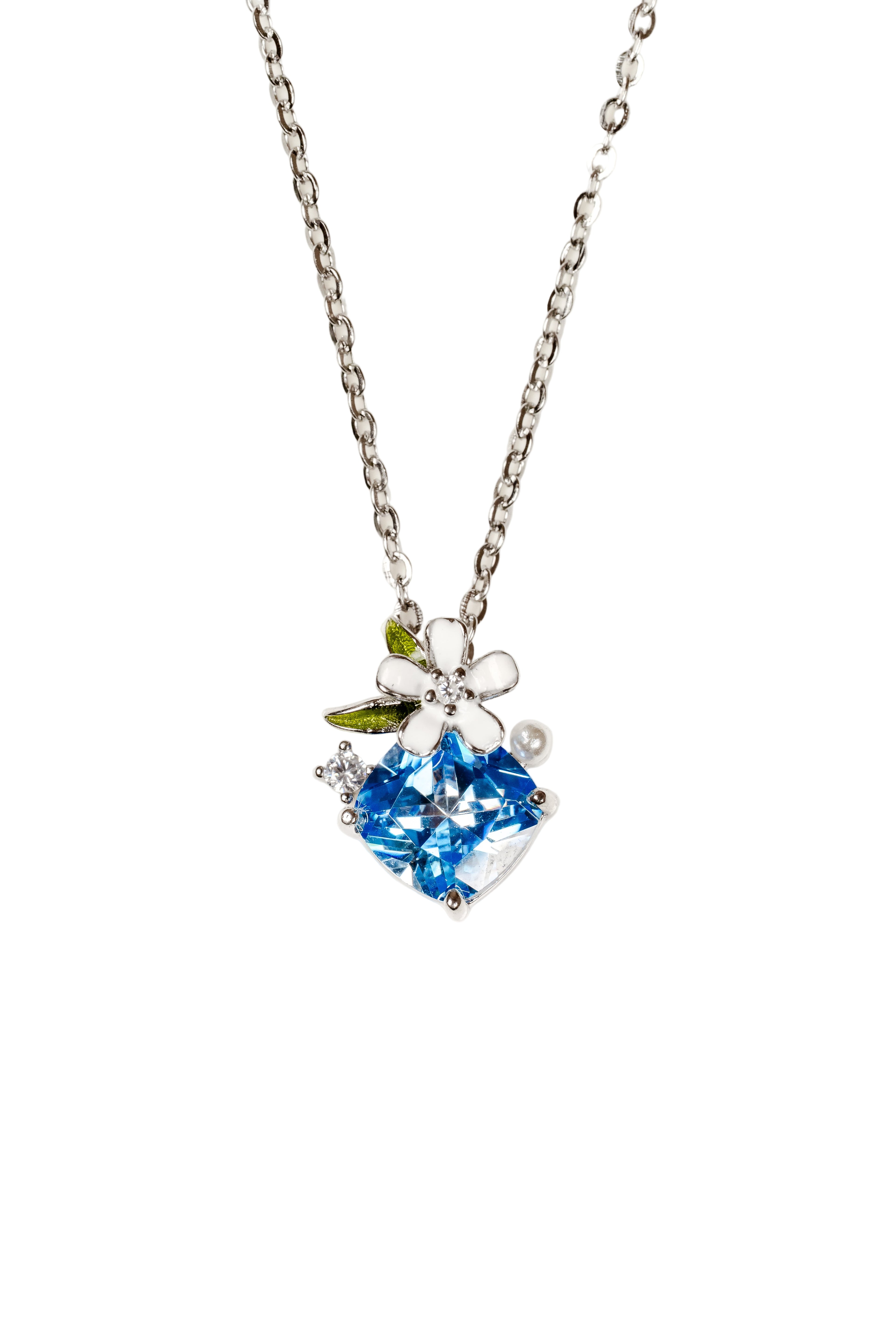 Necklace with a blue heart-shaped pendant on a white background