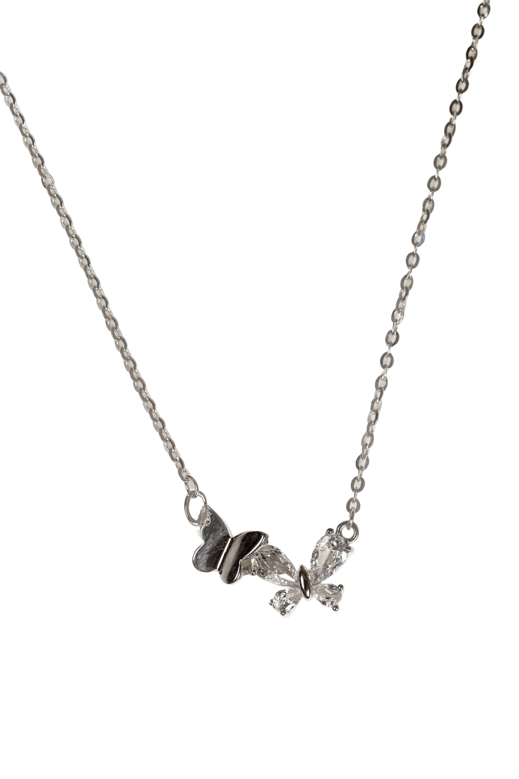 Silver butterfly necklace on a white background