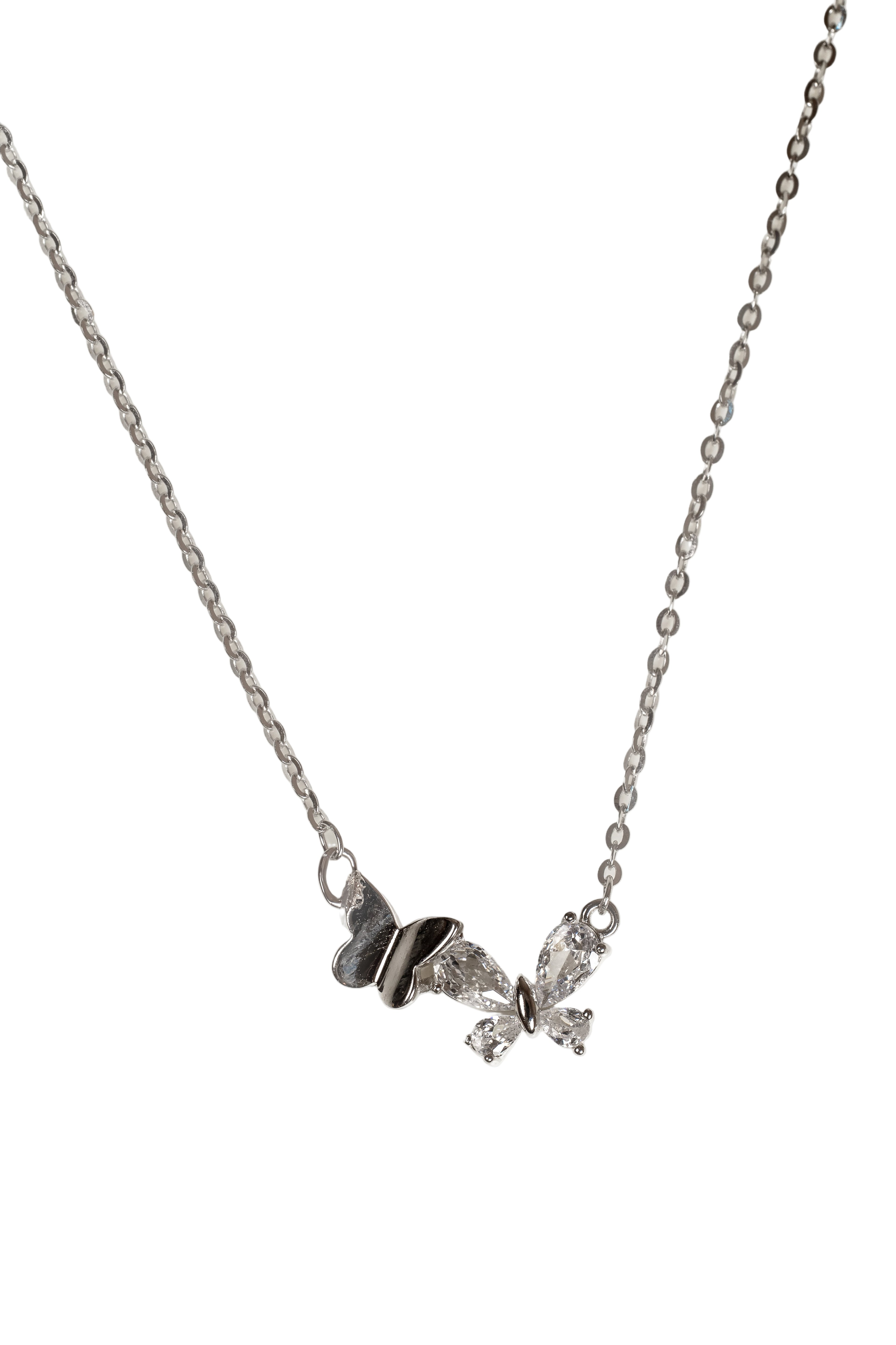 Silver butterfly necklace on a white background