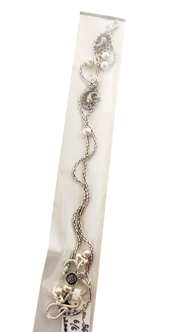 JARY Devanshi 925 Sterling Silver Oxidized Floral Payal with Beaded Charms